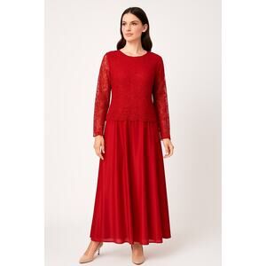 1970s Red Lace Long sheer Sleeve Maxi Dress Satya’s Fashion Hoilday formal 4X